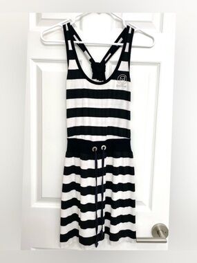 bebe Black & White Striped Racer Back Jersey Mini Dress
